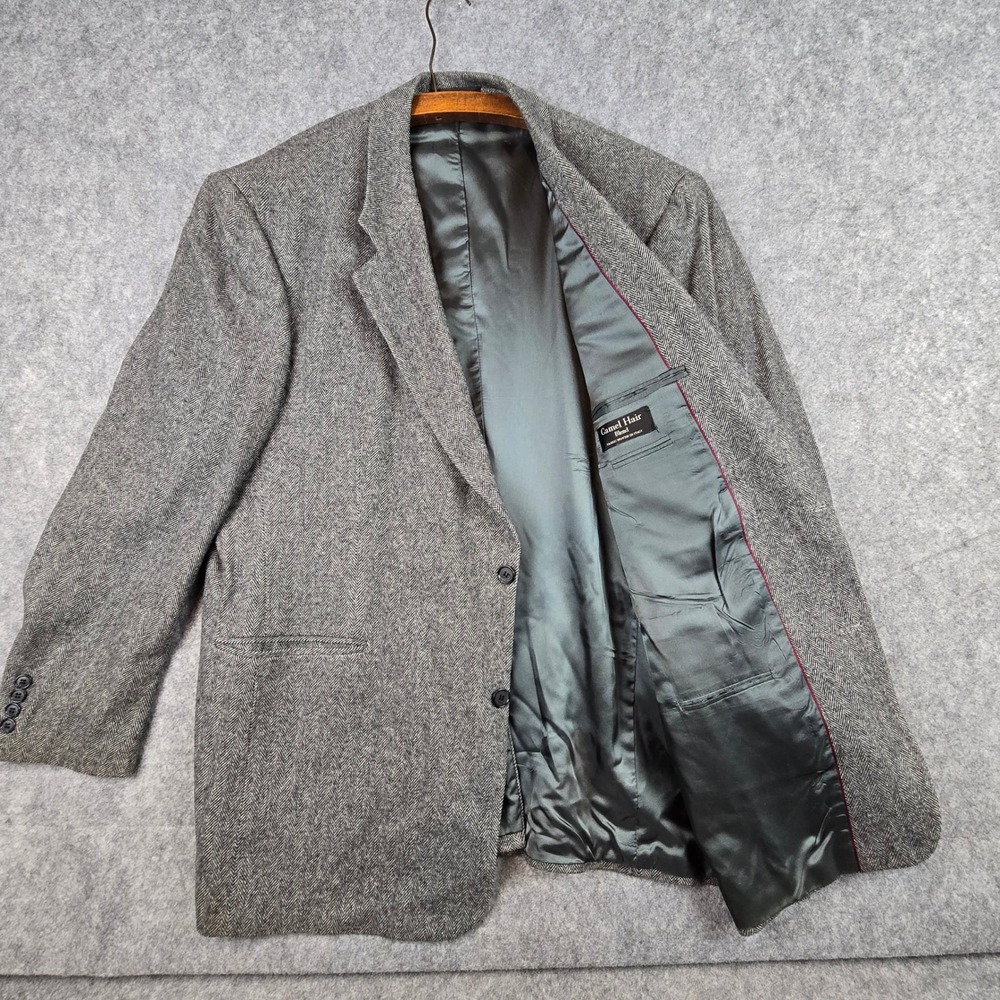 Gianfranco Ruffin Italy Mens Grey Herringbone Camel Hair Blend Blazer Size 48L